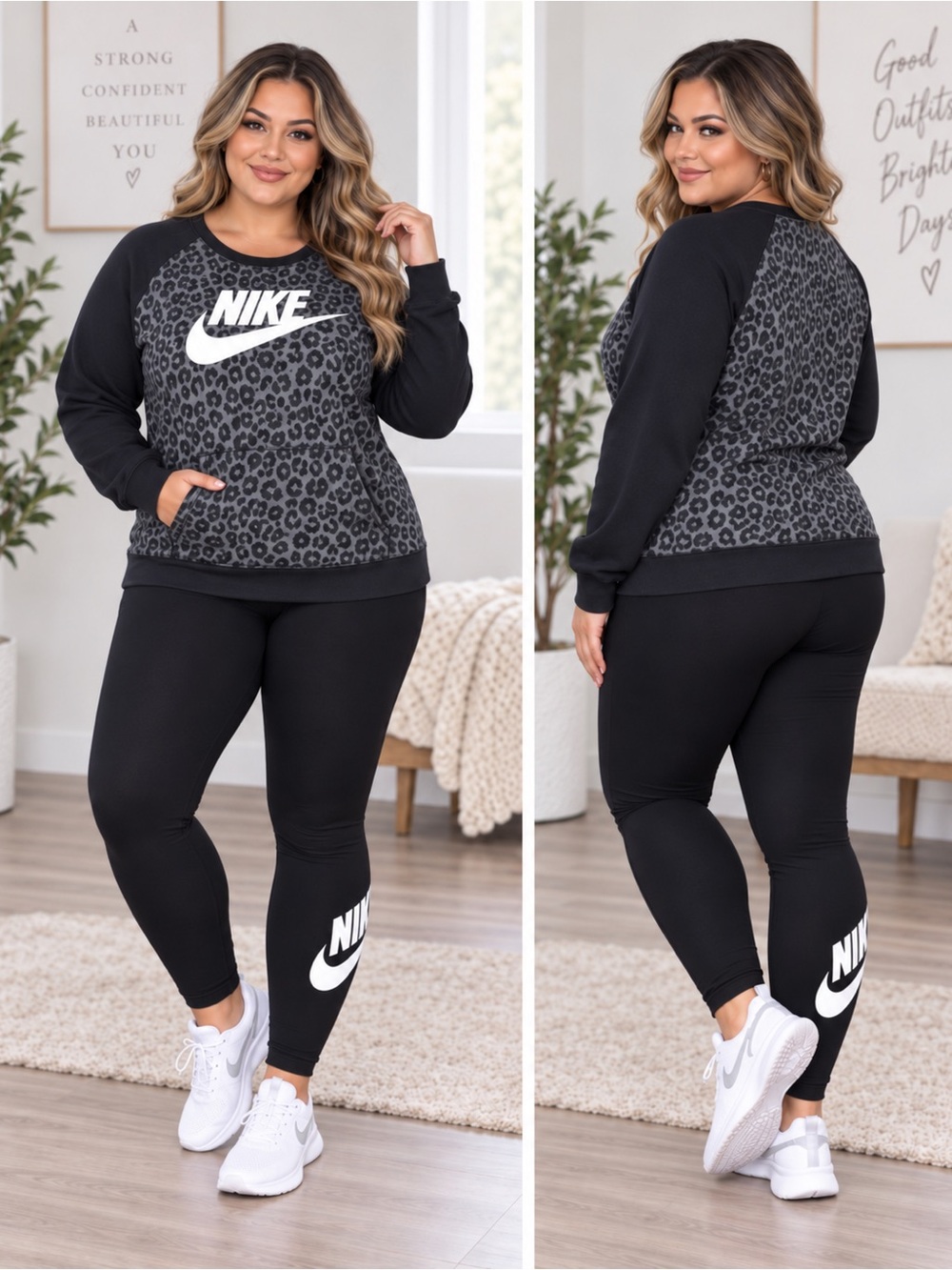 Nike women’s XL Black Leopard Crewneck & Legging Set